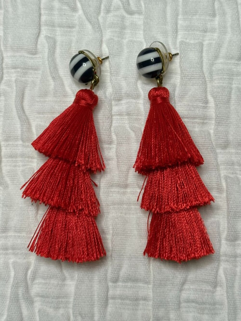 J.Crew Blue White Striped Three Tier Red Tassel Earrings